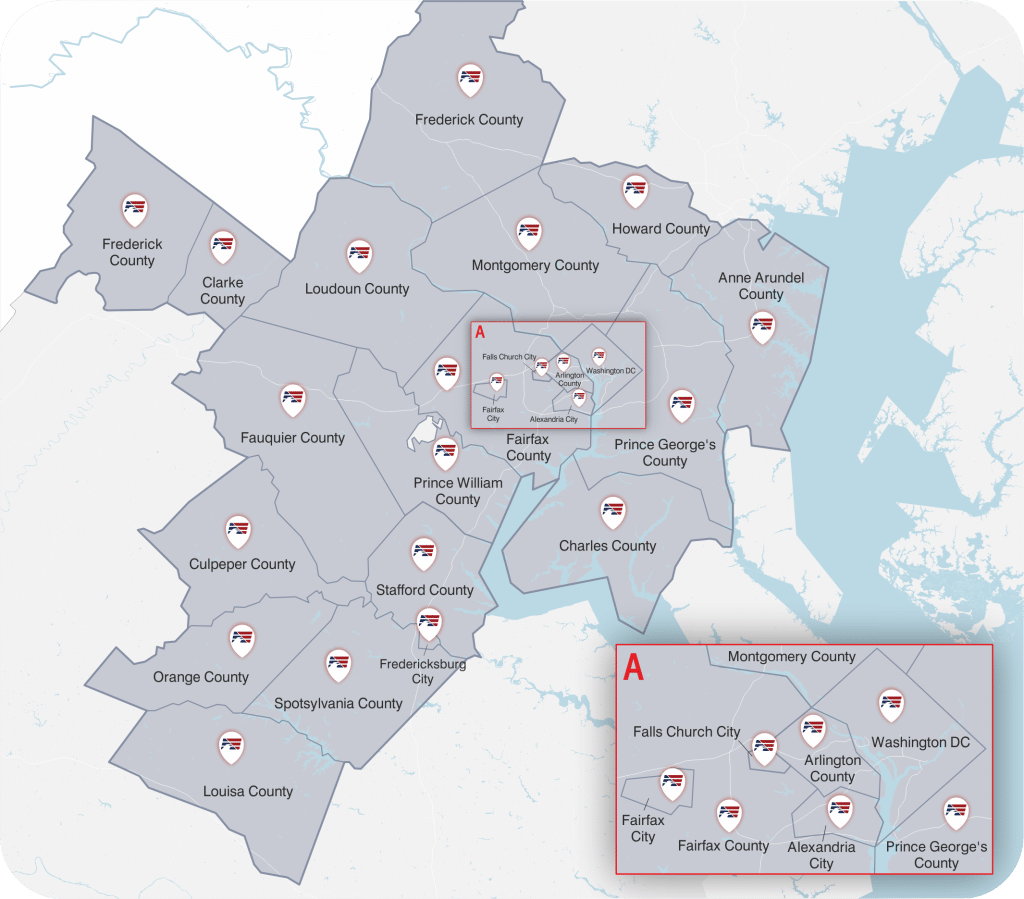 Map of the Washington DC, Northern VA, Southern MD highlighting AssumeList's areas of coverage